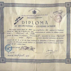 Diploma de recunoaștere a cetățeniei române acordată lui Simion M. Totti
